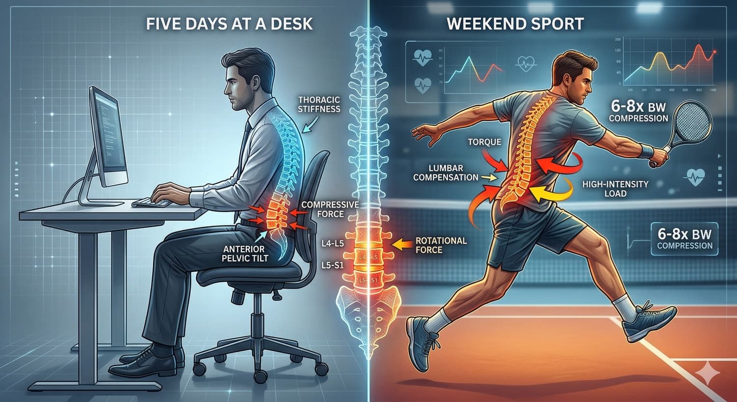 The Desk Job + Weekend Sport Equation Your Spine Hates